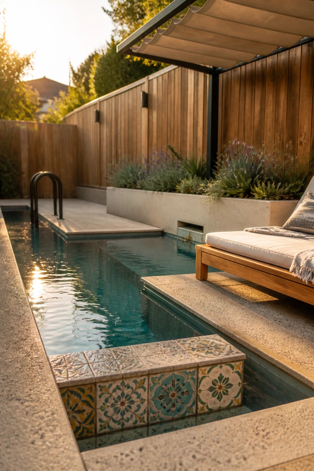 A narrow rectangular pool with decorative tiled steps, a wooden lounge chair on the concrete deck beside the water, and a raised planter with shrubs along a wooden fence.