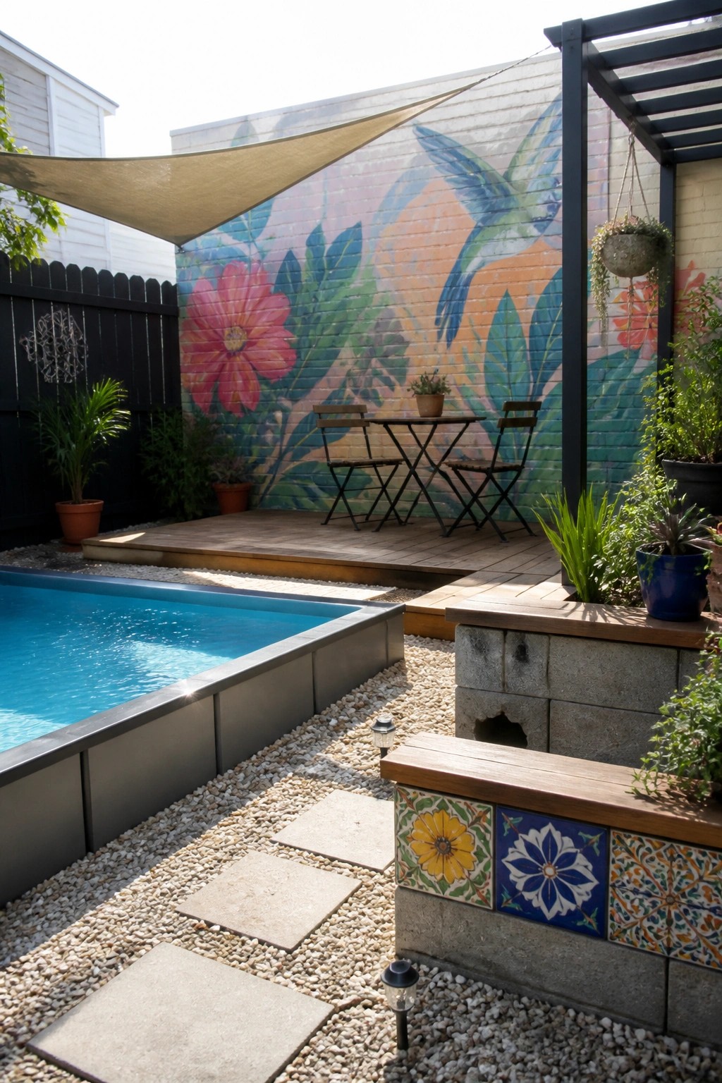 A small rectangular pool sits next to a raised wooden deck holding a bistro table and two chairs, with a colorful mural on the back wall, gravel ground, and concrete stepping stones in the foreground.