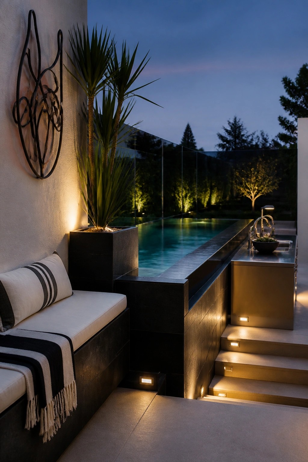 An outdoor pool patio at dusk featuring a narrow rectangular pool, built-in bench with cushions, potted plants, outdoor kitchen counter, and recessed lights on the steps and pool edge.
