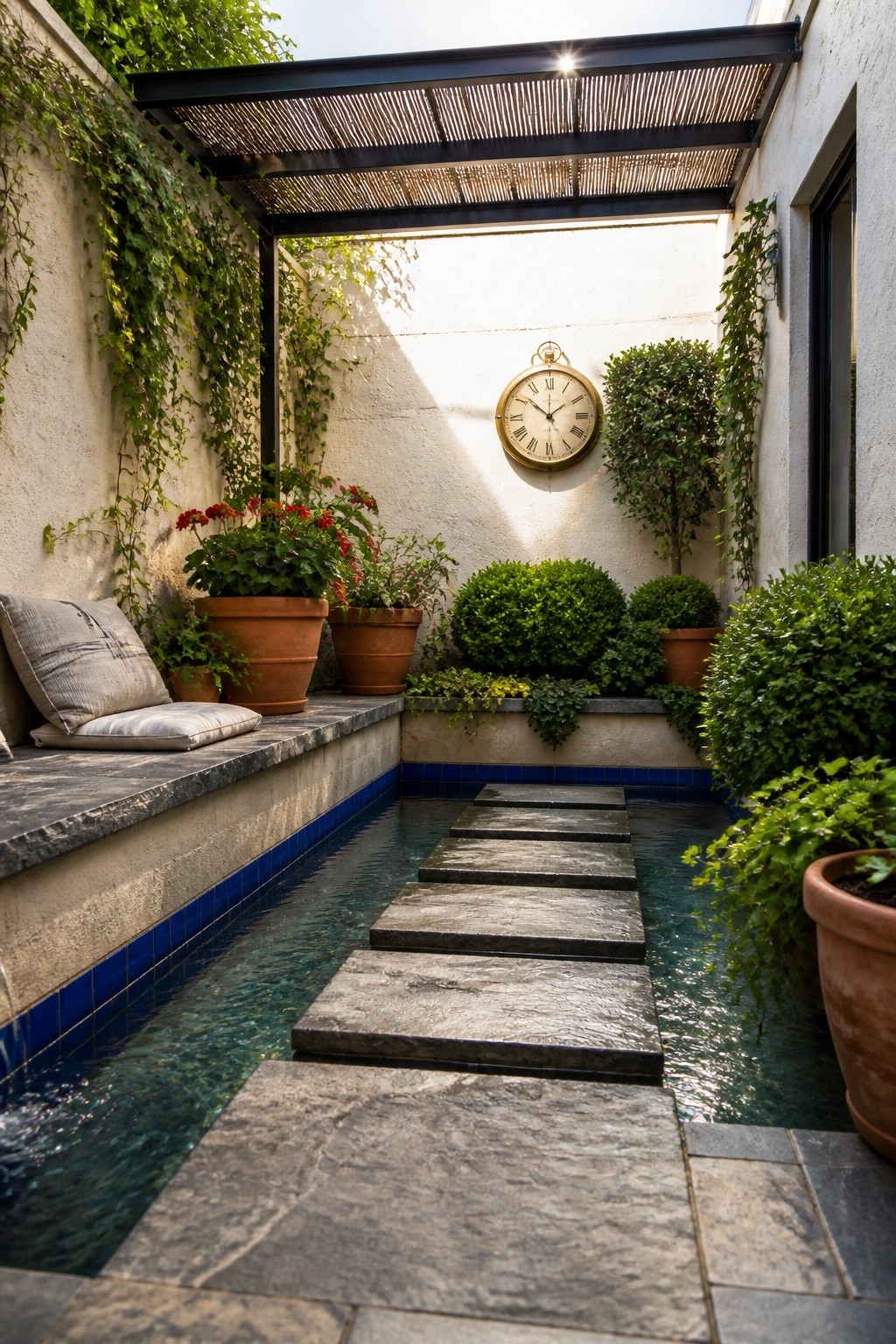 A narrow water feature with large stone stepping stones crossing it in a small courtyard lined with potted plants and a bench.