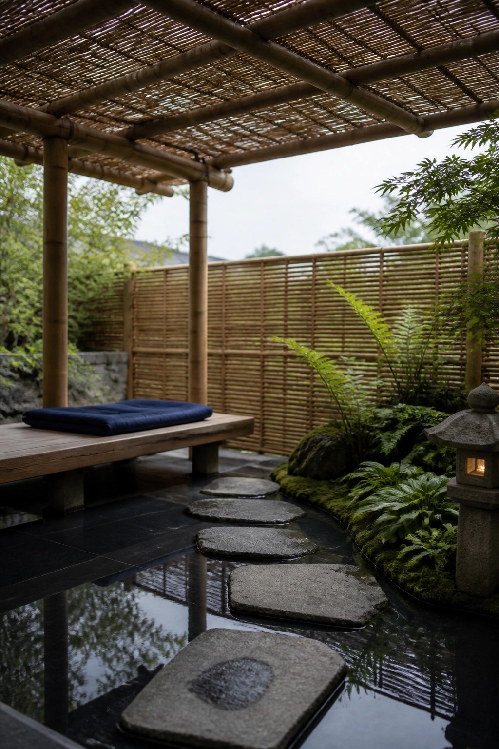 21 Refined Pool Shade Designs Featuring Modern Sail and Pergola Layouts A bamboo pergola shades a wooden bench with a blue cushion next to stepping stones set in water with surrounding plants and a stone lantern.