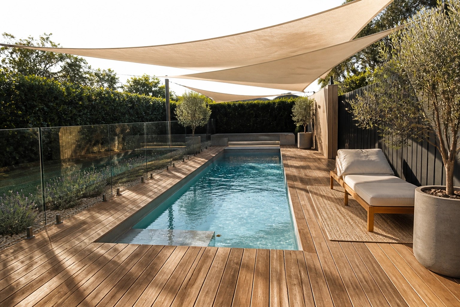 A long rectangular pool with turquoise water is covered by a large beige fabric shade sail stretched overhead, with wooden decking and lounge chairs along one side.