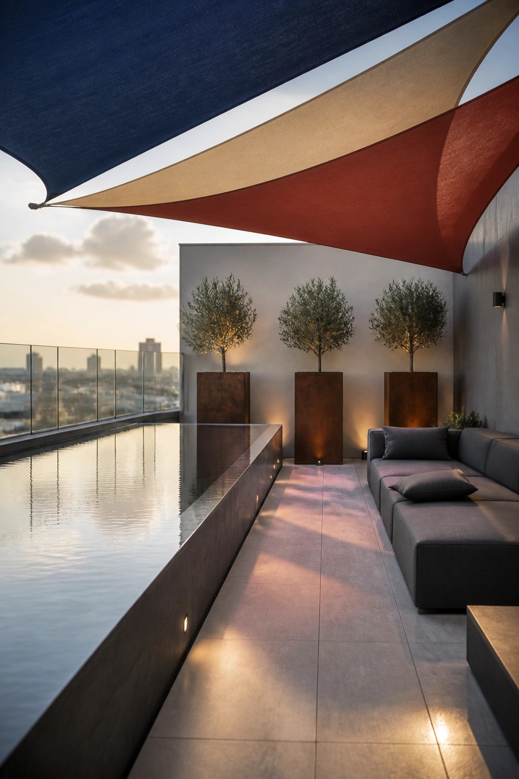 21 Refined Pool Shade Designs Featuring Modern Sail and Pergola Layouts Rooftop terrace with a long rectangular pool, gray sectional seating, three potted trees, and overlapping blue, beige, and red shade sails.