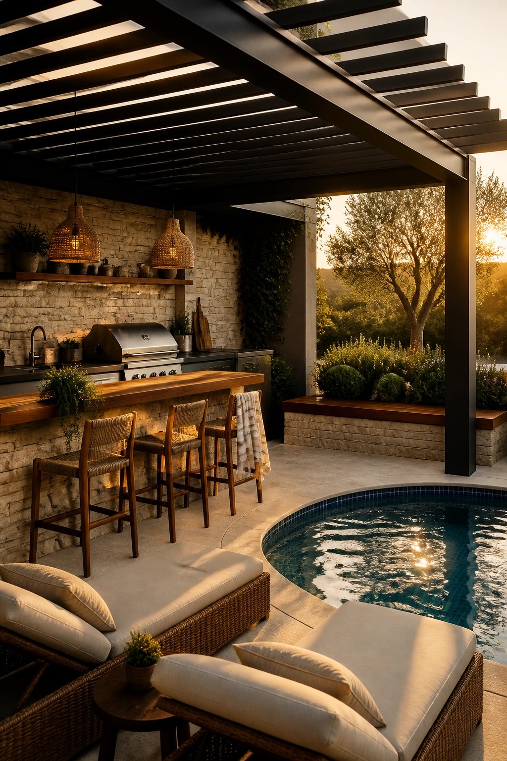 21 Refined Pool Shade Designs Featuring Modern Sail and Pergola Layouts A modern dark pergola covers a stone and wood outdoor kitchen with bar stools beside a round swimming pool, with lounge chairs in the foreground.