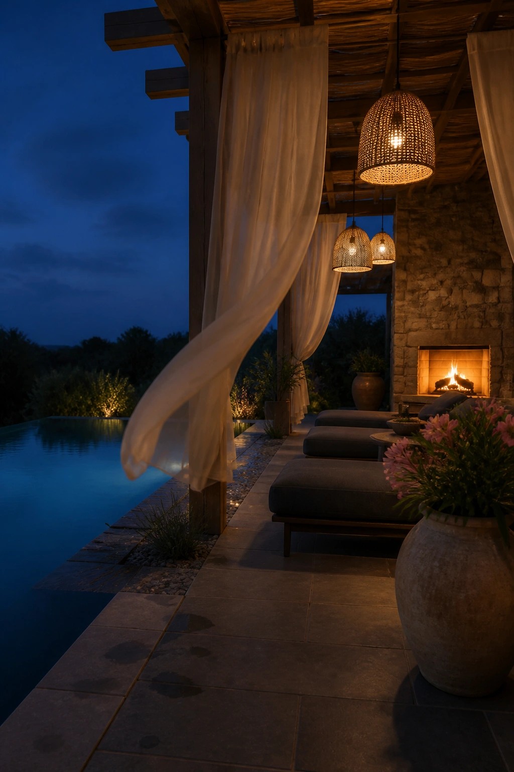 21 Refined Pool Shade Designs Featuring Modern Sail and Pergola Layouts A nighttime poolside patio under a wooden pergola with flowing white sheer curtains, dark lounge chairs, hanging woven lights, and a lit stone fireplace.