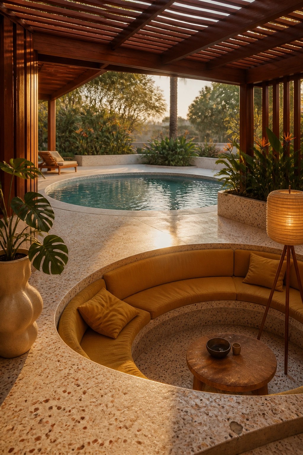 21 Refined Pool Shade Designs Featuring Modern Sail and Pergola Layouts A wooden pergola shades a curved built-in bench next to a round pool on a speckled stone deck with potted plants nearby.