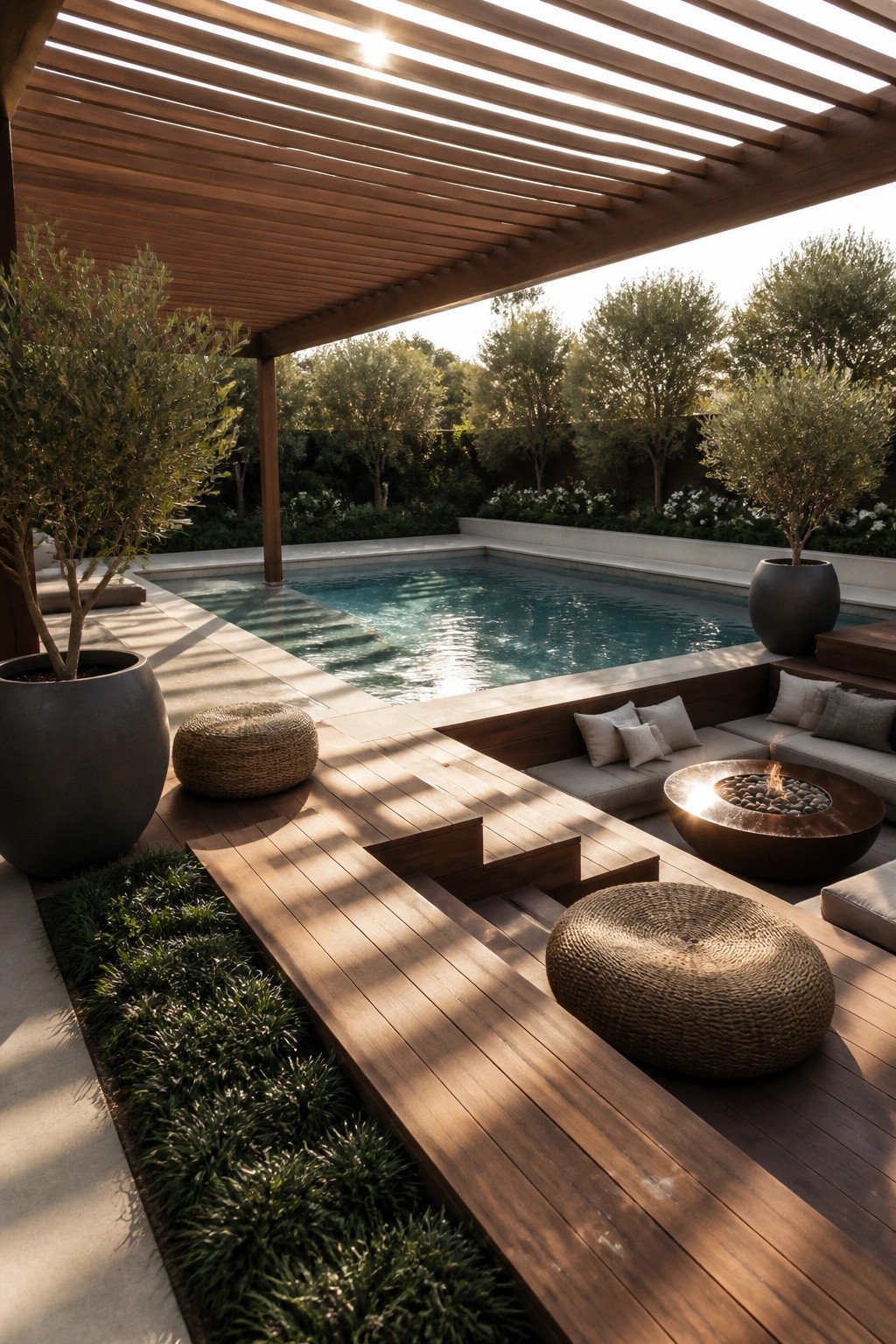21 Refined Pool Shade Designs Featuring Modern Sail and Pergola Layouts A wooden pergola with horizontal slats shades a modern poolside deck that includes built-in seating, woven stools, and a round fire pit.