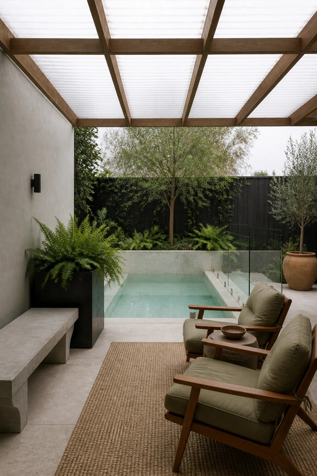 21 Refined Pool Shade Designs Featuring Modern Sail and Pergola Layouts An outdoor pool area with a wooden pergola overhead, green cushioned chairs on a woven rug, a small rectangular pool, and surrounding plants against a dark fence.