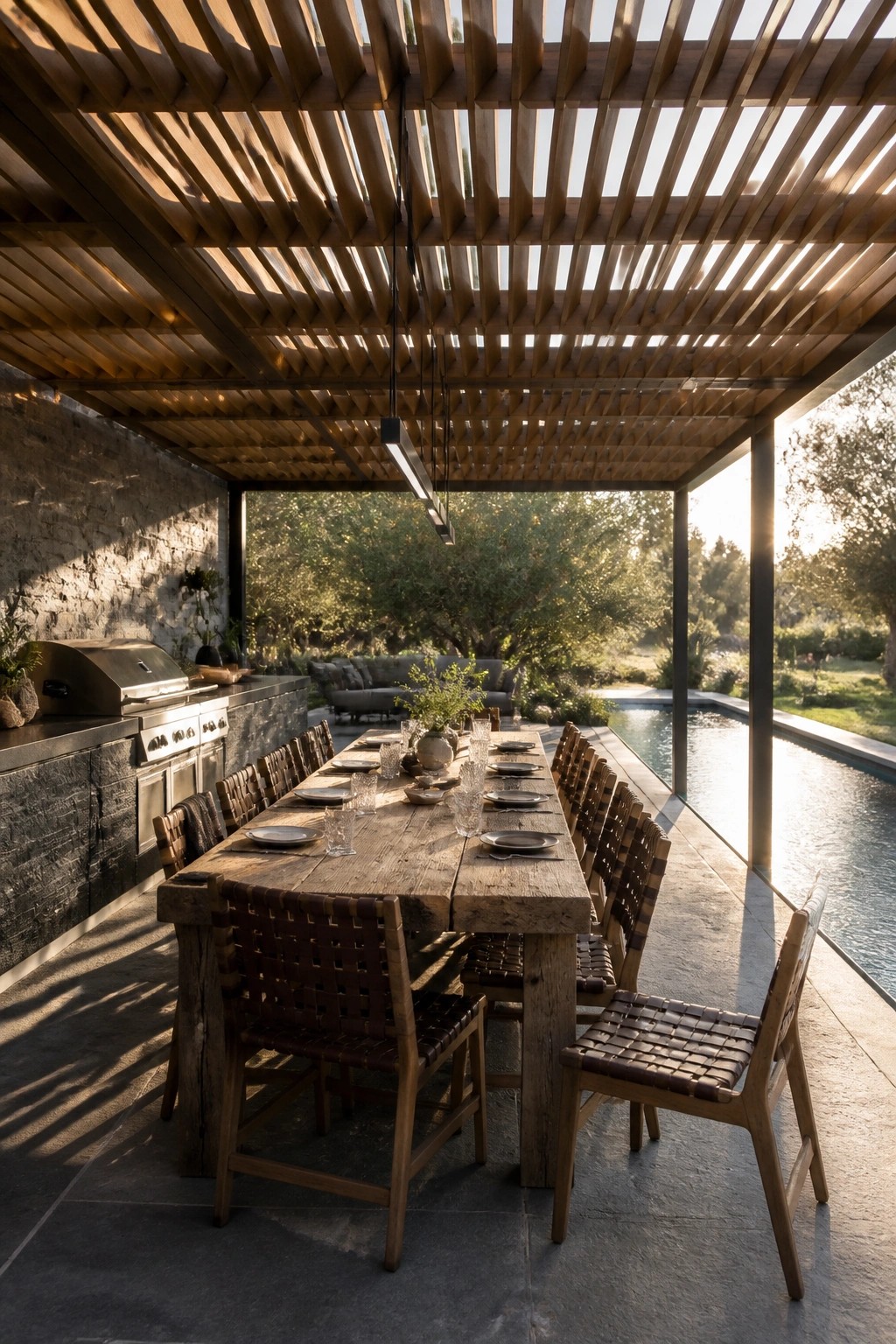 21 Refined Pool Shade Designs Featuring Modern Sail and Pergola Layouts A long wooden dining table with woven chairs sits under a slatted pergola beside a pool, with an outdoor kitchen visible on the left.