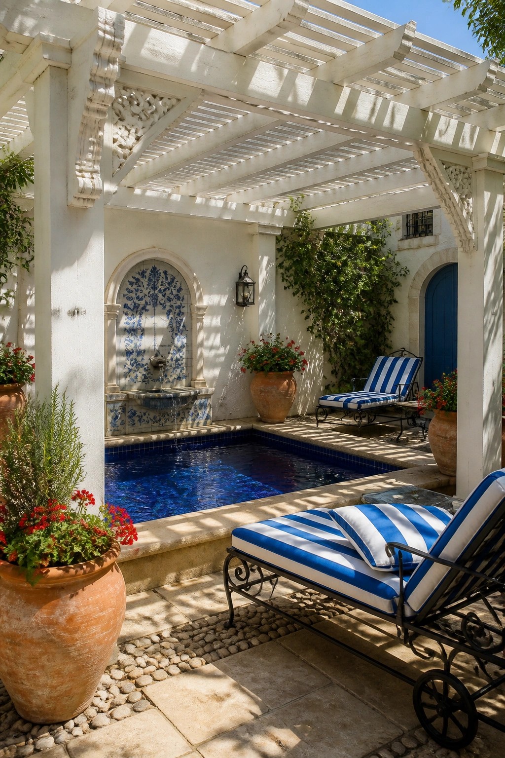 21 Refined Pool Shade Designs Featuring Modern Sail and Pergola Layouts A blue swimming pool sits under a white wooden pergola with striped lounge chairs and terracotta pots on a stone deck.