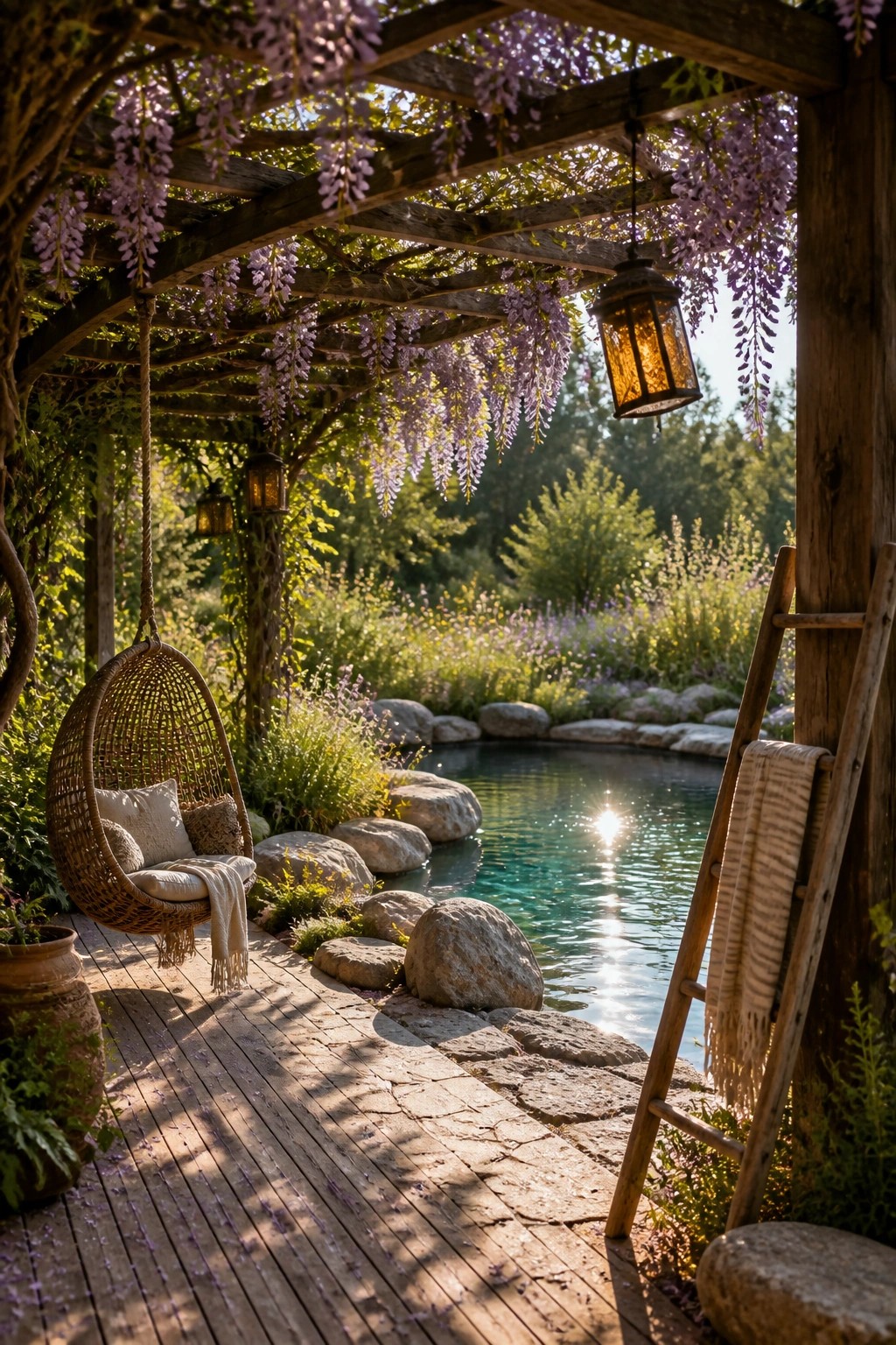 21 Refined Pool Shade Designs Featuring Modern Sail and Pergola Layouts Wooden deck with hanging wicker chair under purple wisteria pergola beside turquoise pond