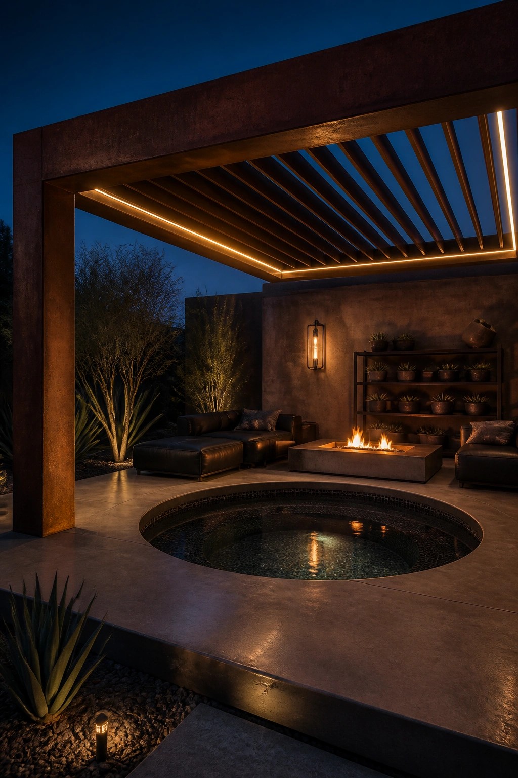 21 Refined Pool Shade Designs Featuring Modern Sail and Pergola Layouts An outdoor pool area at dusk with a large metal pergola, circular pool, concrete fire pit, and dark seating arranged around it.