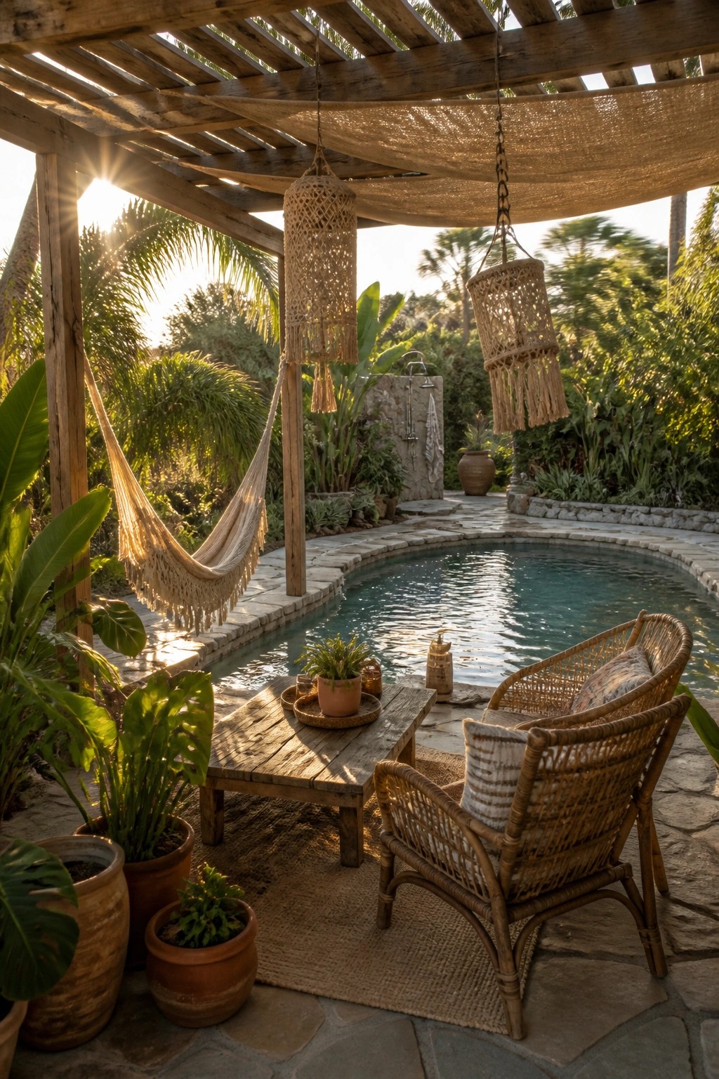 21 Refined Pool Shade Designs Featuring Modern Sail and Pergola Layouts A wooden pergola with a mesh canopy and hanging woven lanterns shades a stone pool deck that includes wicker chairs, a low table, a hammock, and potted plants.
