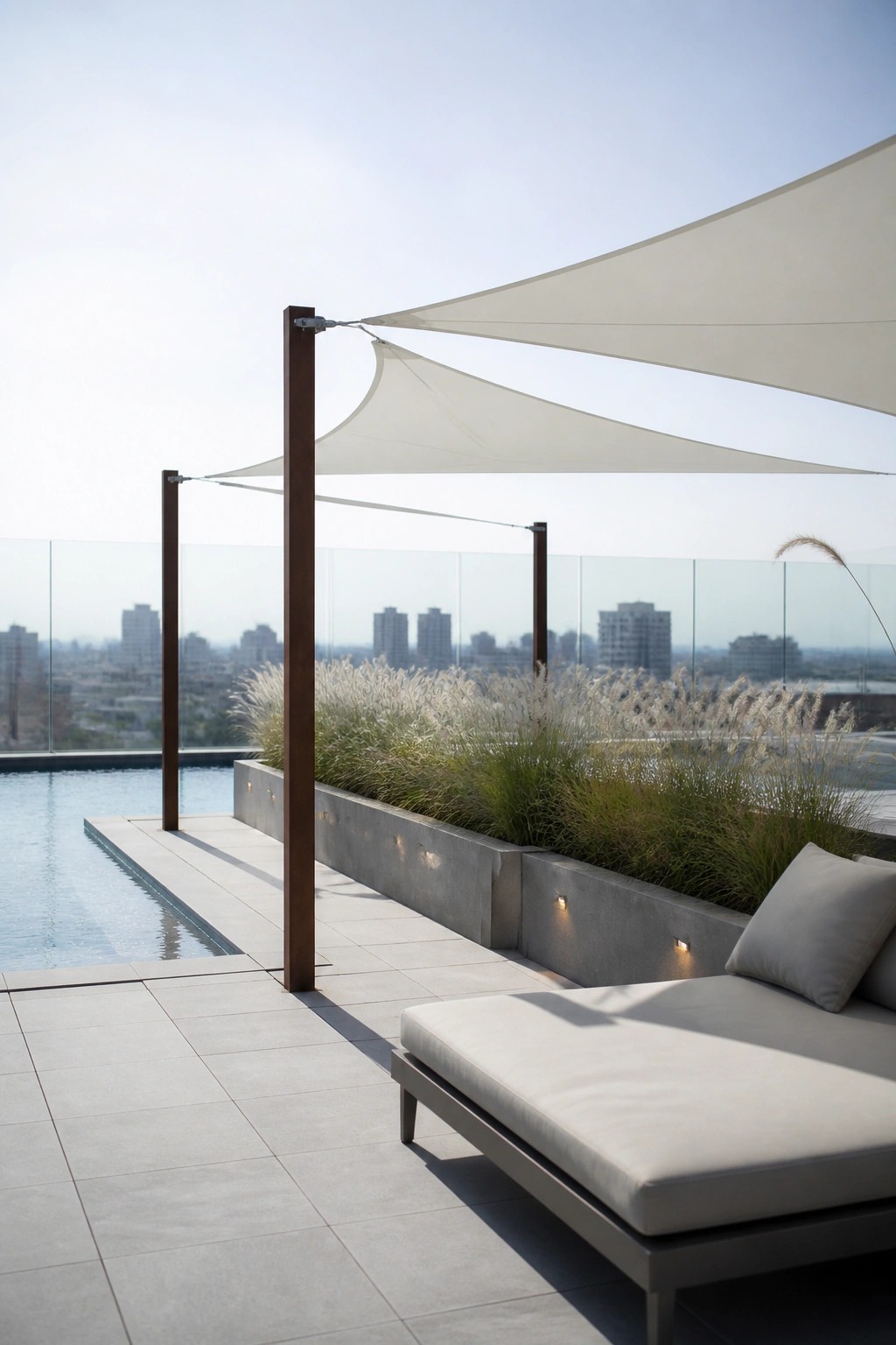 21 Refined Pool Shade Designs Featuring Modern Sail and Pergola Layouts A modern rooftop pool deck features a large white fabric sail shade stretched between wooden posts above a tiled terrace with a lounge chair and concrete planters filled with tall grasses, overlooking a city skyline.