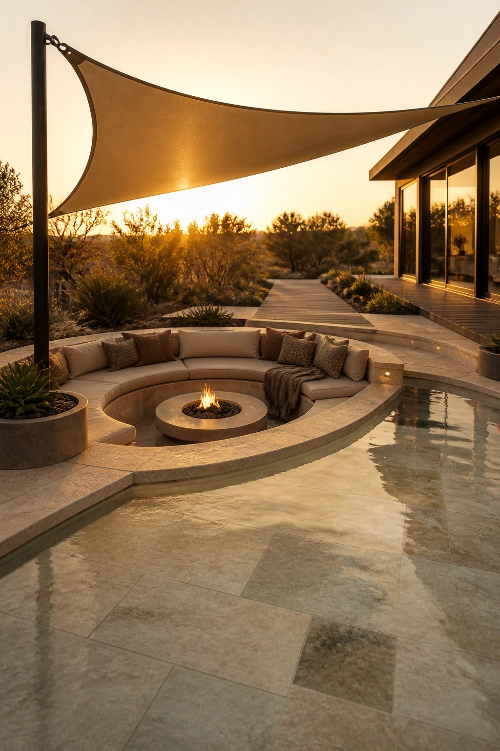 21 Refined Pool Shade Designs Featuring Modern Sail and Pergola Layouts Curved sofa encircling fire pit under beige shade sail beside pool at sunset