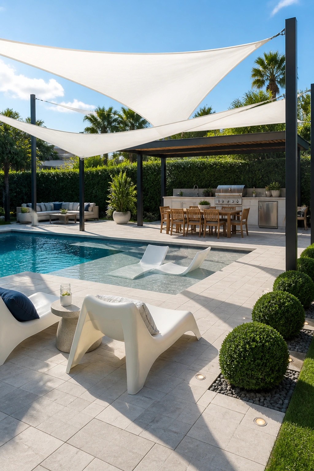 21 Refined Pool Shade Designs Featuring Modern Sail and Pergola Layouts A modern backyard pool with white fabric sail shades stretched over lounge chairs on the stone deck and a wooden pergola with dining table in the background.