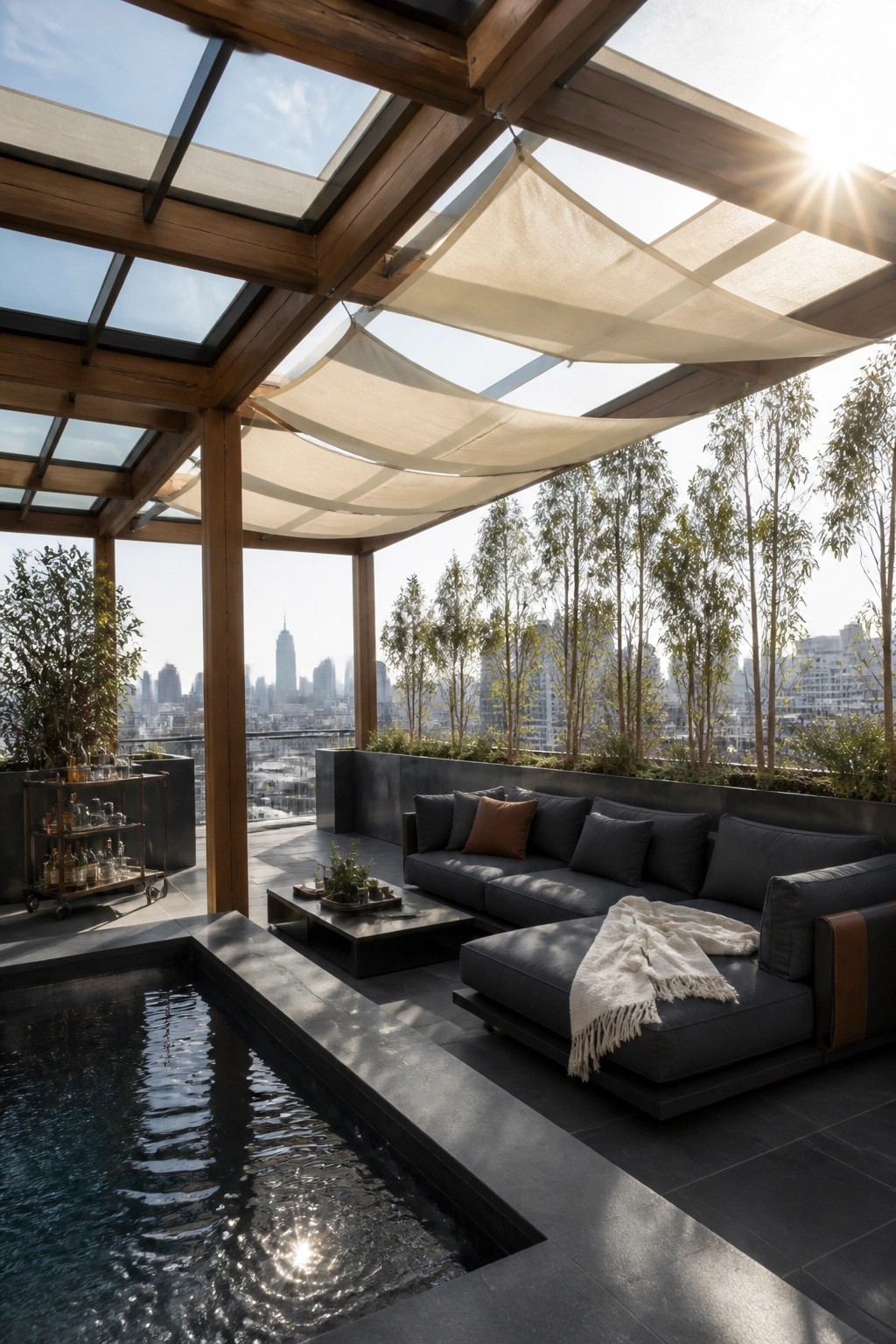 21 Refined Pool Shade Designs Featuring Modern Sail and Pergola Layouts A rooftop terrace with a wooden pergola, suspended white shade sails, dark sectional sofa, small plunge pool, and city skyline in the background.