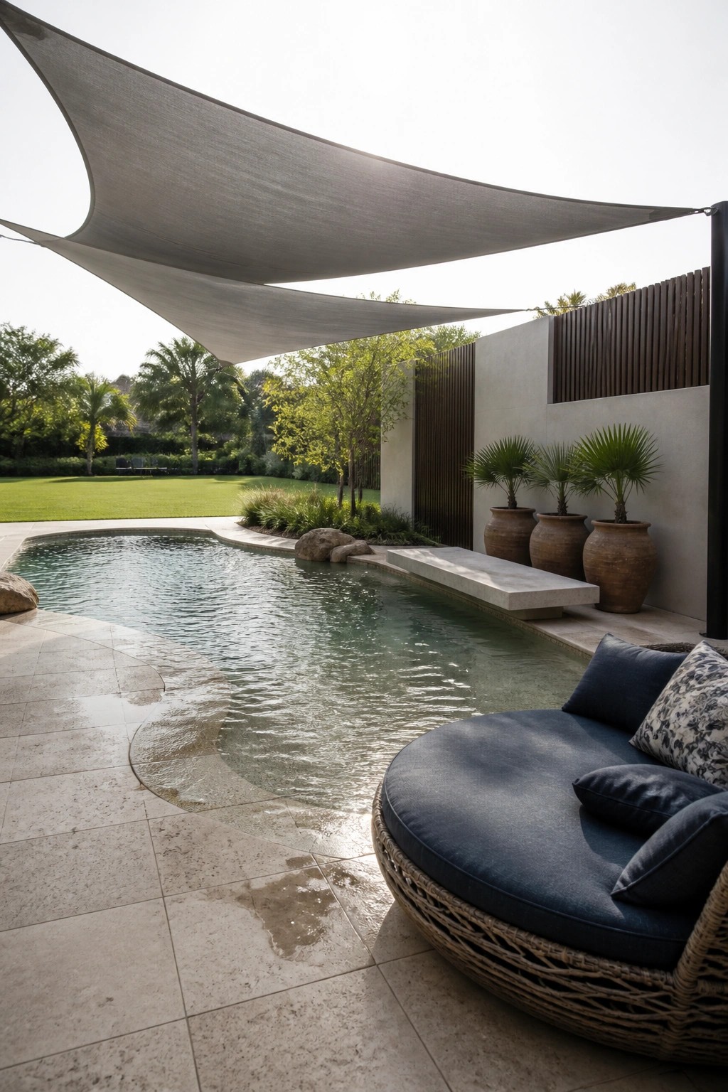 21 Refined Pool Shade Designs Featuring Modern Sail and Pergola Layouts A large gray fabric shade sail stretched over a swimming pool with a round blue daybed in the foreground and potted palms along a concrete wall.