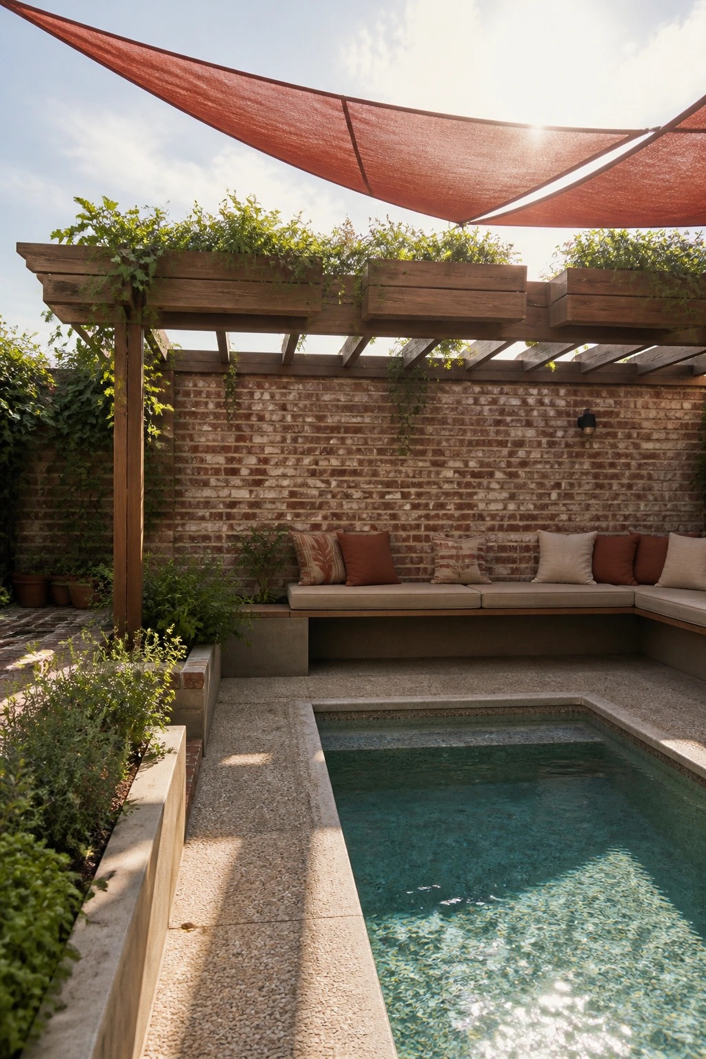 21 Refined Pool Shade Designs Featuring Modern Sail and Pergola Layouts A backyard pool with a wooden pergola topped by a red shade sail, built-in bench seating along a brick wall, and potted plants nearby.