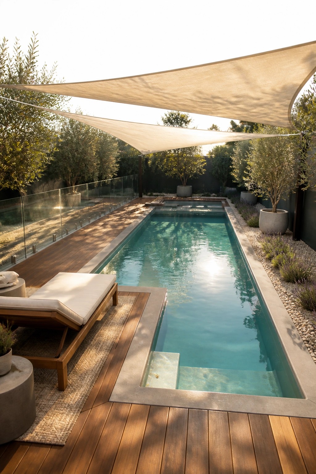 21 Refined Pool Shade Designs Featuring Modern Sail and Pergola Layouts A long rectangular pool with turquoise water is covered by a large beige fabric shade sail stretched overhead, with wooden decking and lounge chairs along one side.