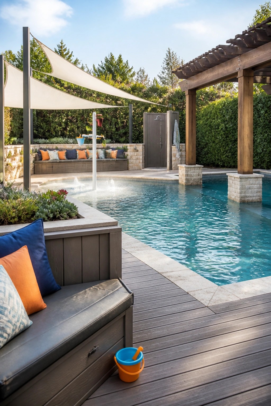 21 Refined Pool Shade Designs Featuring Modern Sail and Pergola Layouts A backyard swimming pool with white shade sails stretched on poles, a wooden pergola on stone pillars, dark decking, built-in seating with colorful pillows, and an outdoor shower.