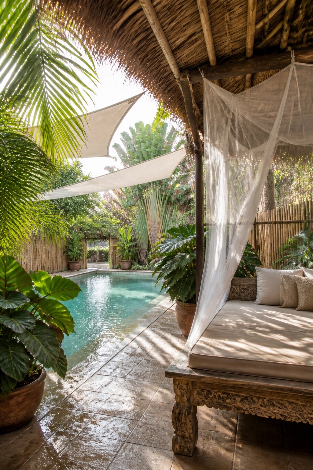 21 Refined Pool Shade Designs Featuring Modern Sail and Pergola Layouts A wooden lounge bed with cushions sits under a thatched roof next to a swimming pool, with sheer white fabric draped from the beams and white shade sails overhead.