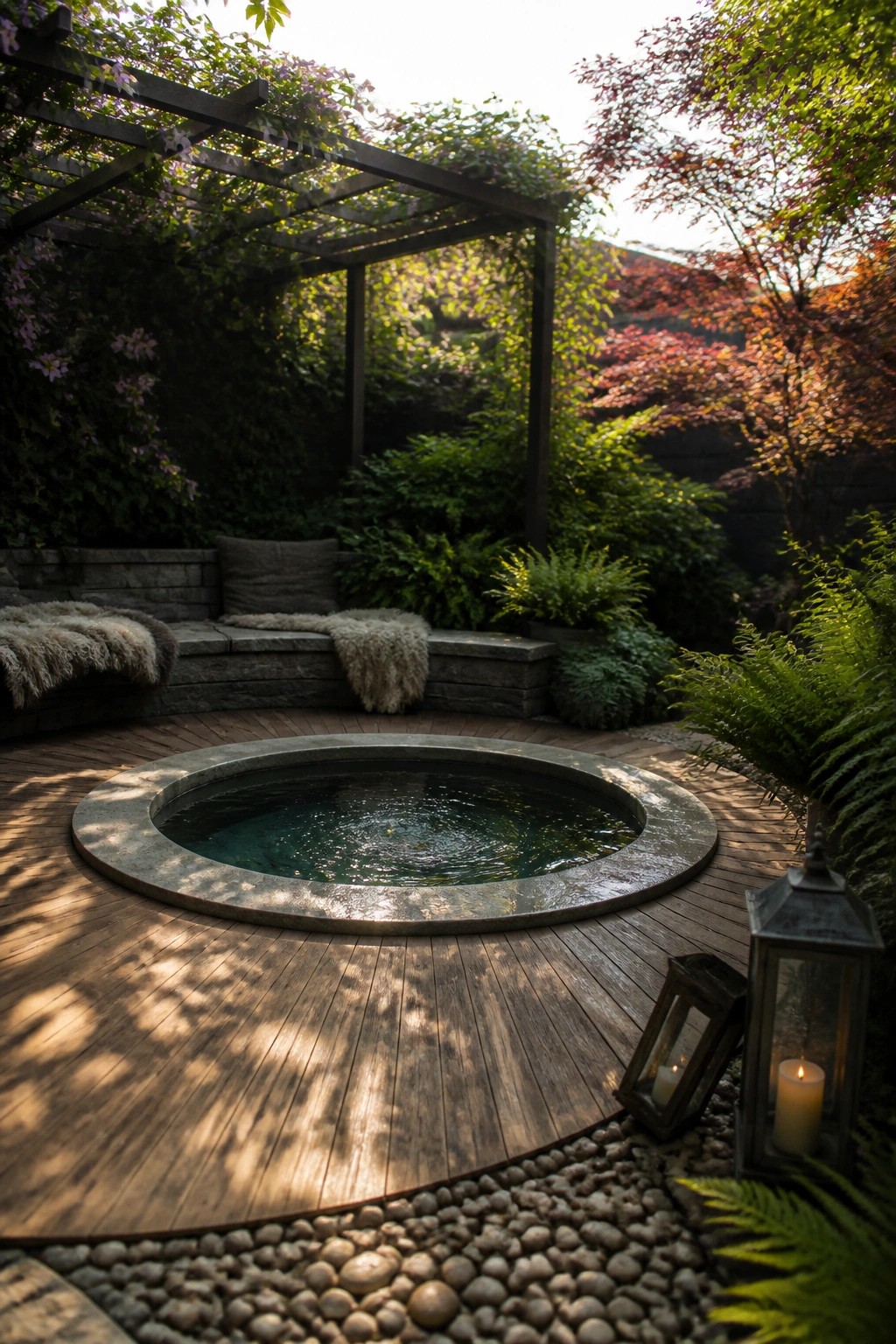 21 Relaxing Small Pool and Spa Ideas for a Cozy Backyard Escape A round pool with a stone rim sits centered on a wooden deck, with built-in stone seating, ferns, trees, and two lit lanterns nearby.