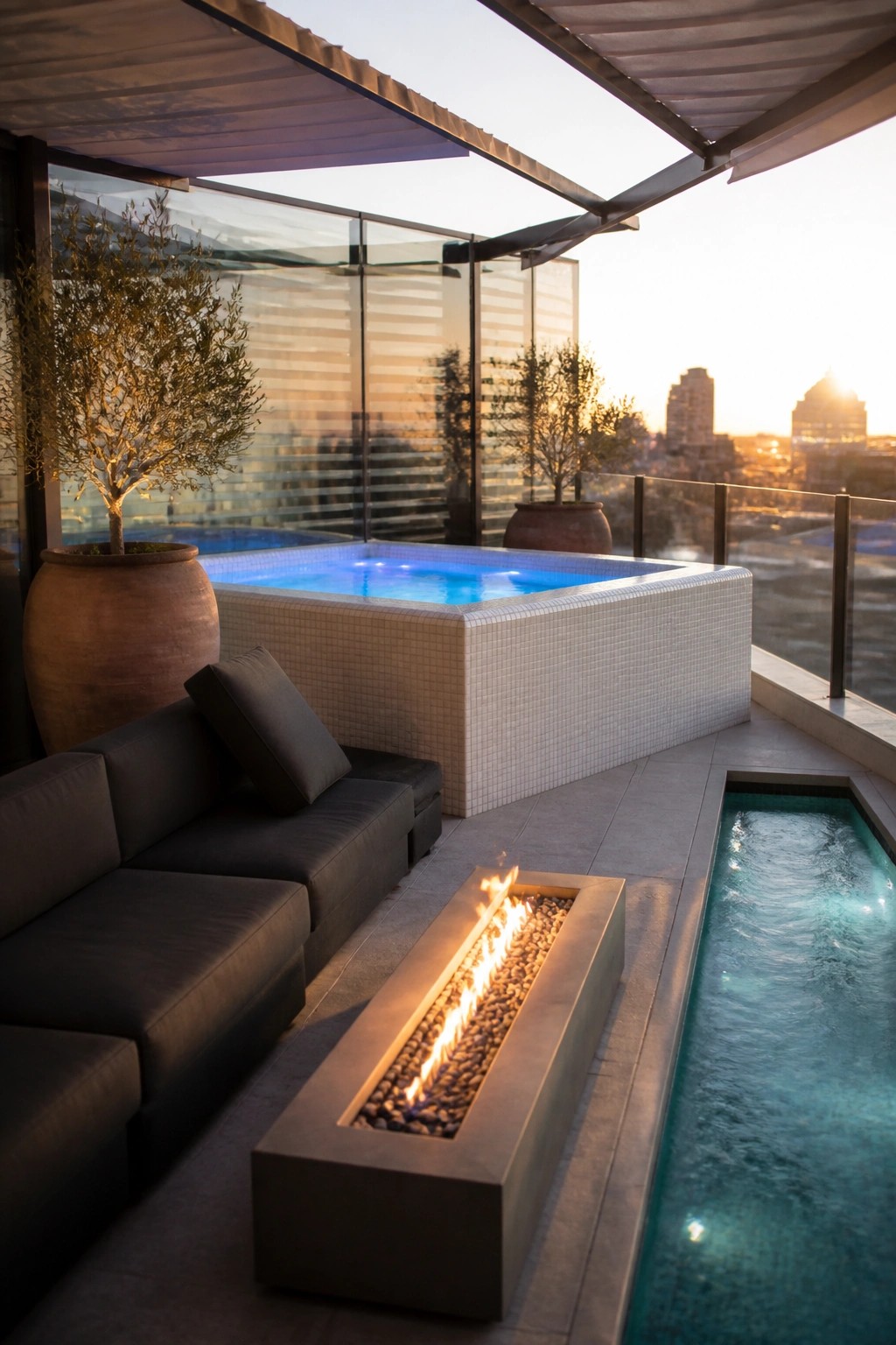 21 Relaxing Small Pool and Spa Ideas for a Cozy Backyard Escape A modern rooftop terrace features a small rectangular pool with blue lighting, a long concrete fire pit with active flames, dark sectional seating, and a large potted tree overlooking a city skyline at sunset.