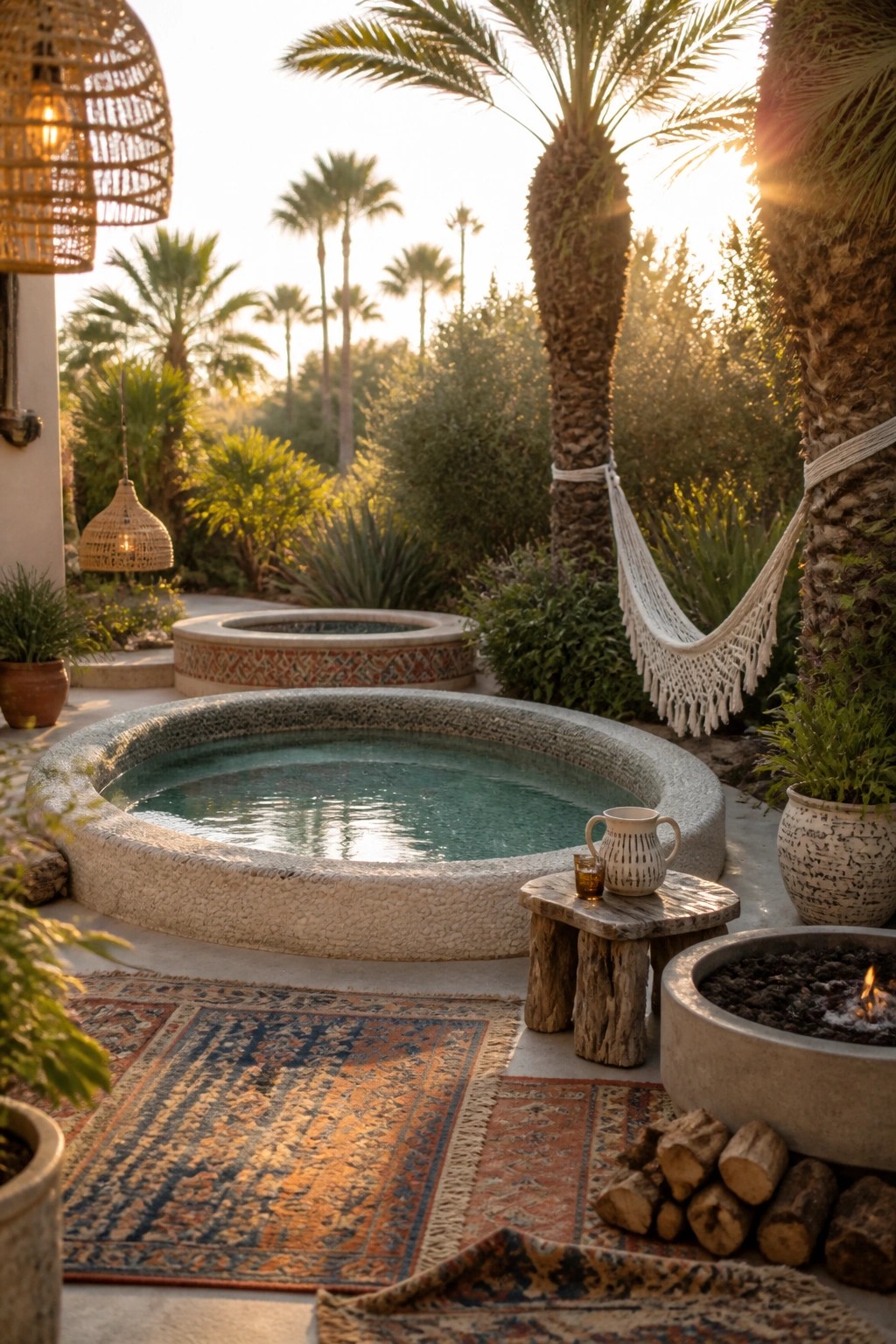 21 Relaxing Small Pool and Spa Ideas for a Cozy Backyard Escape A small round pool with turquoise water sits on a patio next to a fire pit with burning logs, a wooden stool table, and layered rugs, surrounded by palm trees and a hammock.
