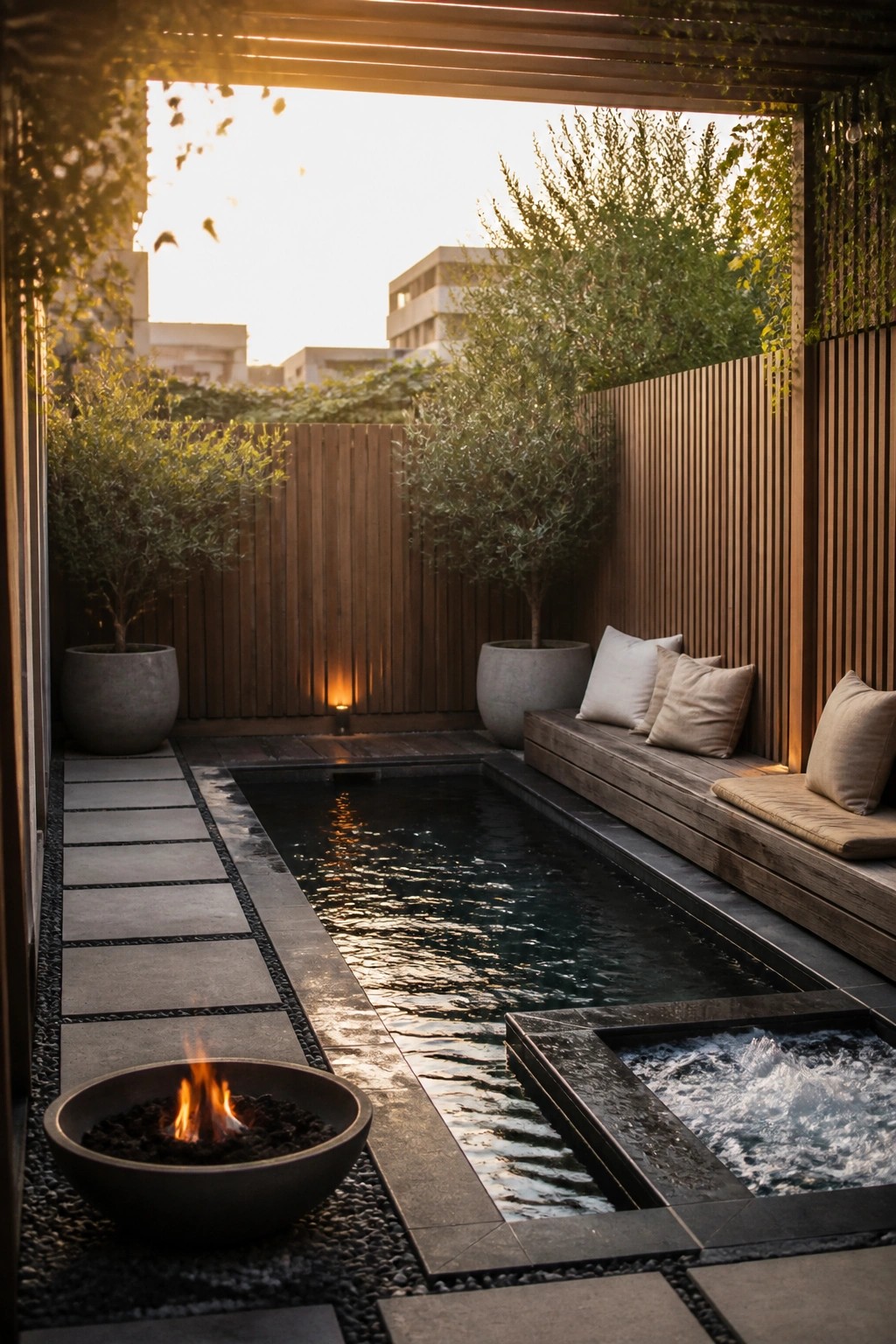 21 Relaxing Small Pool and Spa Ideas for a Cozy Backyard Escape A narrow rectangular pool with a fire pit on gravel to the left and a long wooden bench with cushions along the right side, plus a bubbling spa section at the far end.