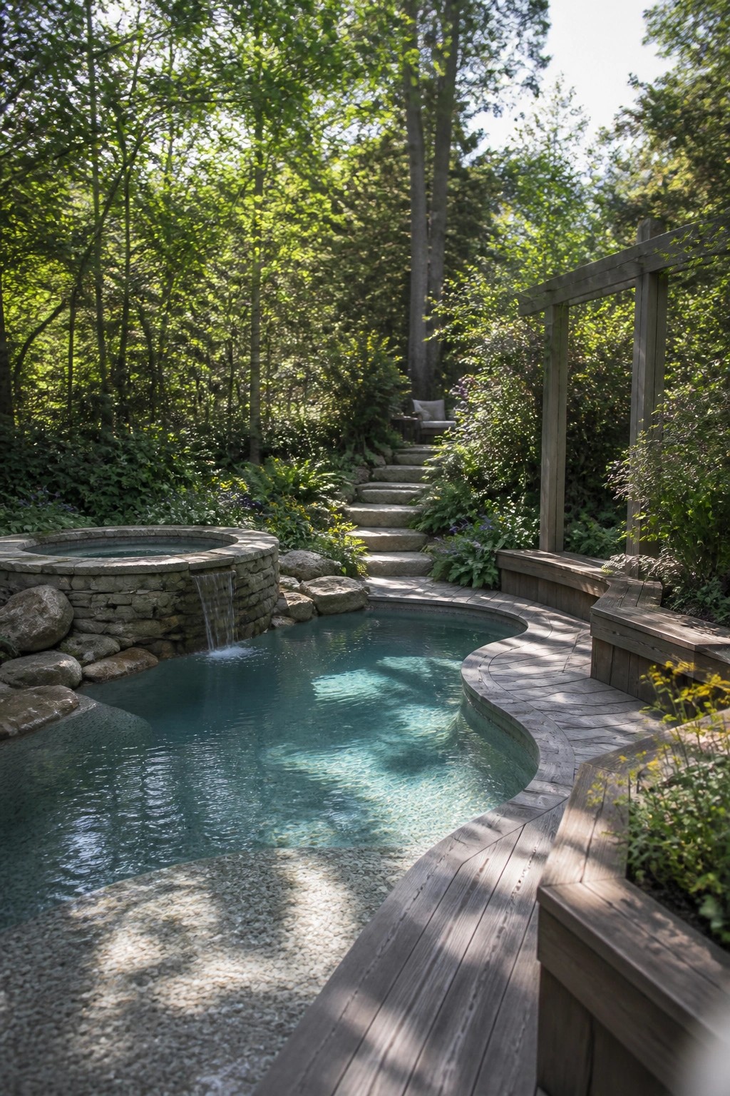 21 Relaxing Small Pool and Spa Ideas for a Cozy Backyard Escape Natural forest pool with stone waterfall, wooden deck, and winding stone steps