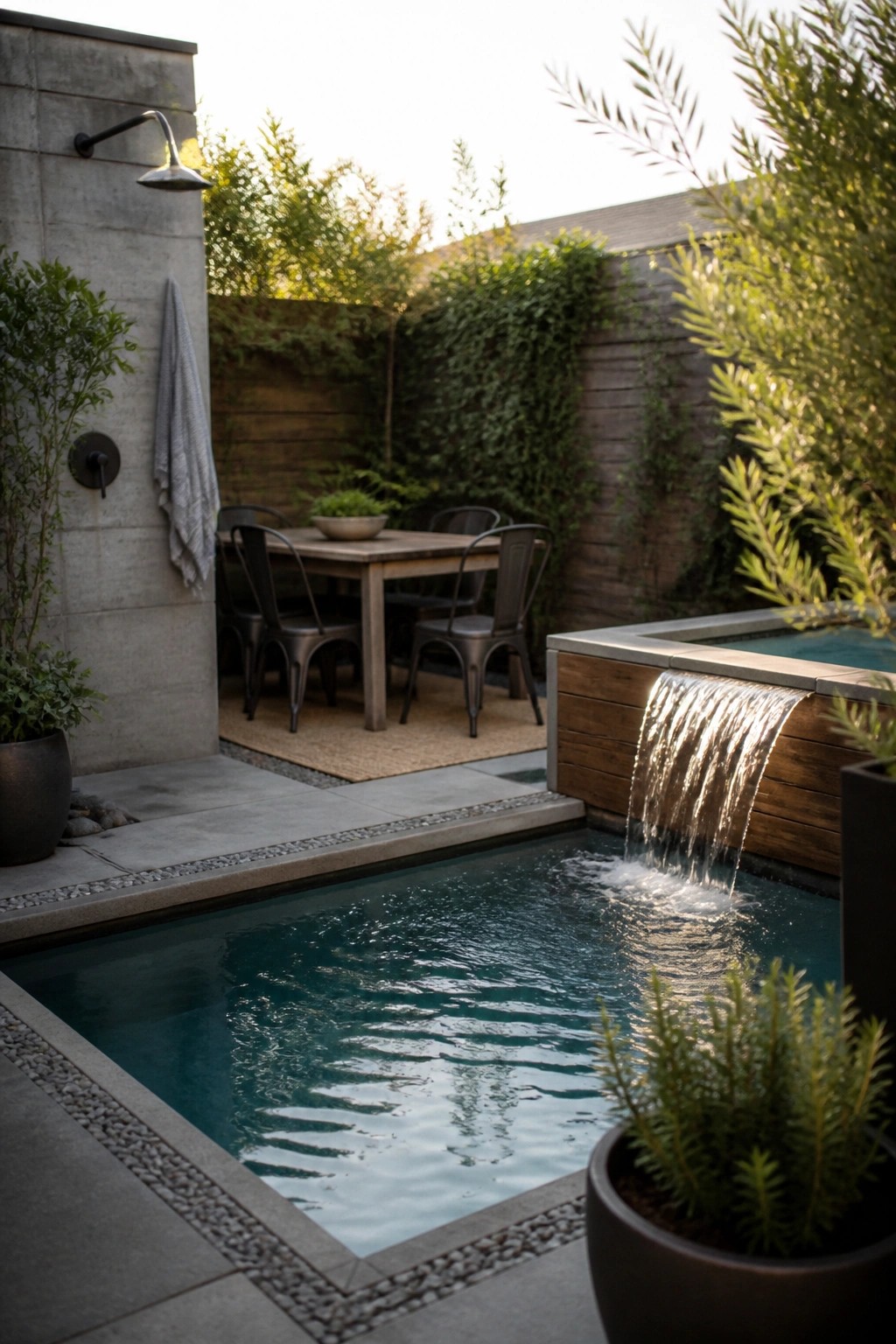 21 Relaxing Small Pool and Spa Ideas for a Cozy Backyard Escape Modern backyard pool with waterfall, outdoor shower, dining table, and lush greenery