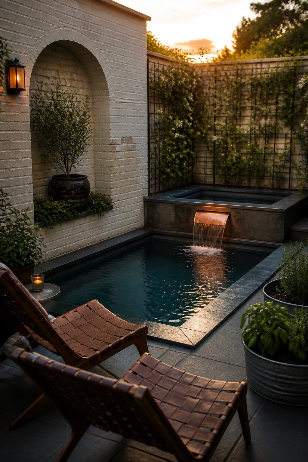 21 Relaxing Small Pool and Spa Ideas for a Cozy Backyard Escape A small dark pool with a built-in waterfall sits in a walled backyard beside two wooden lounge chairs and several potted plants.
