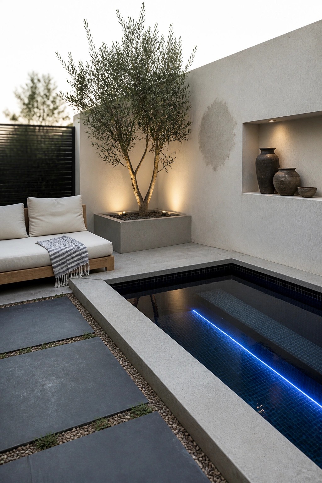 21 Relaxing Small Pool and Spa Ideas for a Cozy Backyard Escape A small rectangular pool with dark blue mosaic tiles and a glowing blue LED strip along the steps, set in a concrete courtyard beside a wooden lounge chair and a tree in a planter.