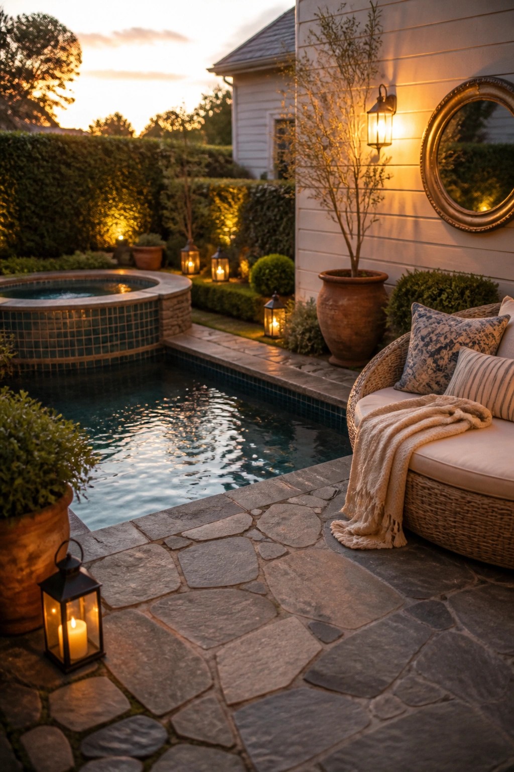 21 Relaxing Small Pool and Spa Ideas for a Cozy Backyard Escape A small pool with blue tile edges sits next to a stone patio holding a wicker sofa with pillows and a blanket, surrounded by potted plants and glowing lanterns.