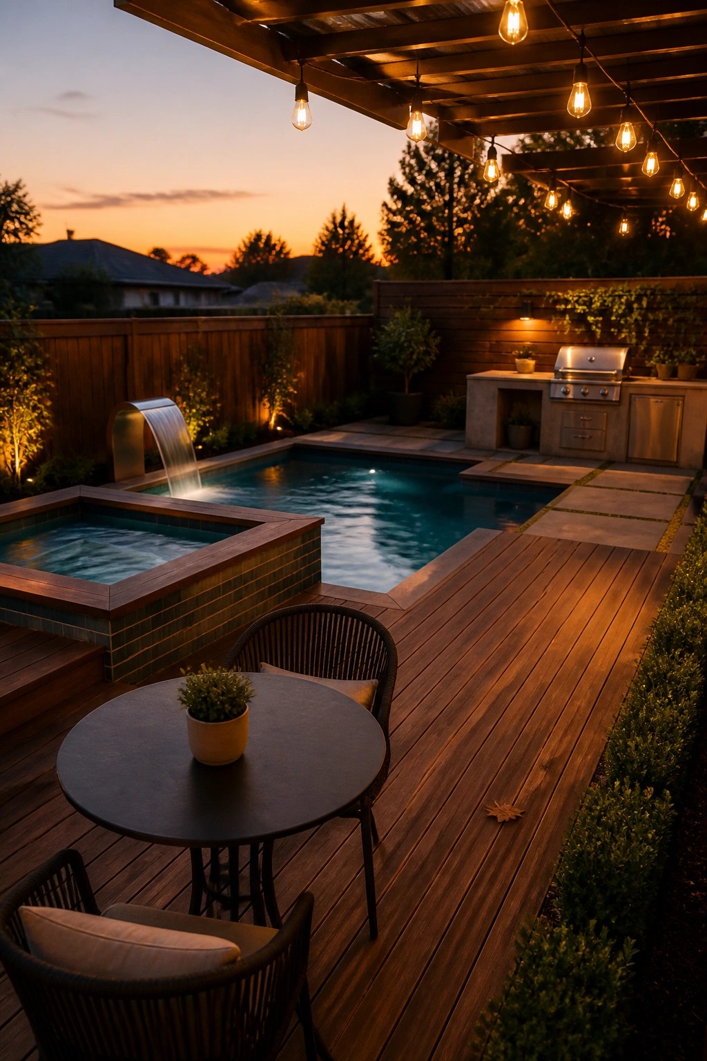 21 Relaxing Small Pool and Spa Ideas for a Cozy Backyard Escape A small pool with an attached raised spa on a wooden deck, featuring string lights overhead and an outdoor kitchen area nearby.