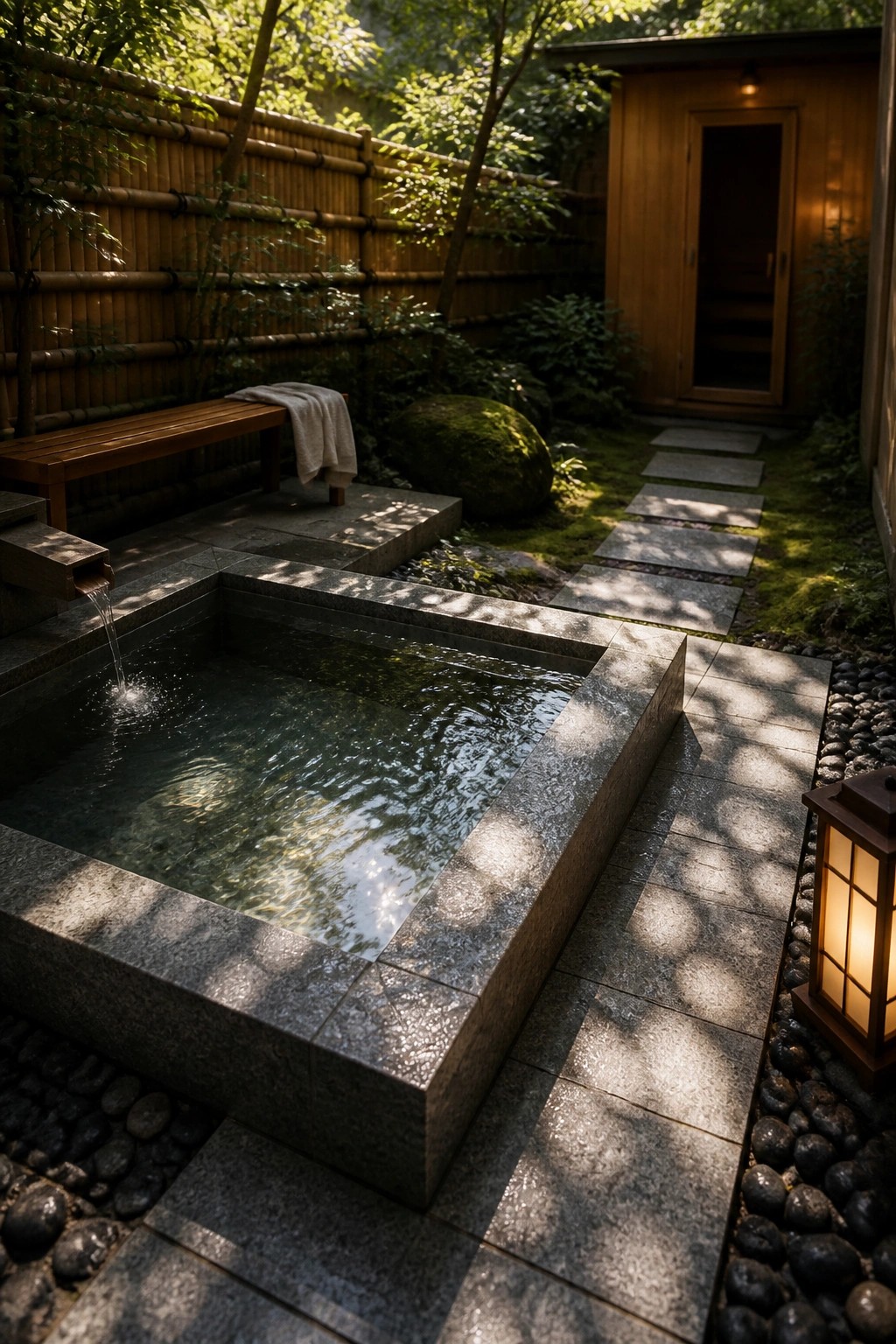 21 Relaxing Small Pool and Spa Ideas for a Cozy Backyard Escape A square stone pool with water flowing from a spout sits in a backyard enclosed by a bamboo fence, with a wooden bench nearby and a stone path leading to a wooden building.
