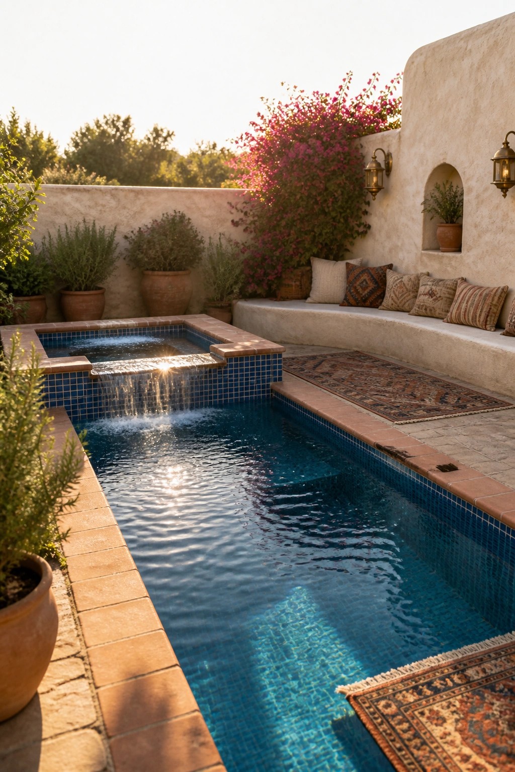21 Relaxing Small Pool and Spa Ideas for a Cozy Backyard Escape A small rectangular pool with blue tile has a waterfall edge on one side and sits beside a built-in bench with cushions, rugs on the patio, and potted plants along a stucco wall.
