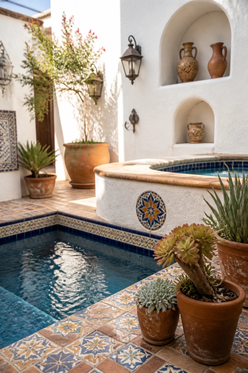 21 Relaxing Small Pool and Spa Ideas for a Cozy Backyard Escape A small backyard pool with blue tile borders, white stucco walls, arched niches holding clay pots, and potted succulents on the tiled deck.