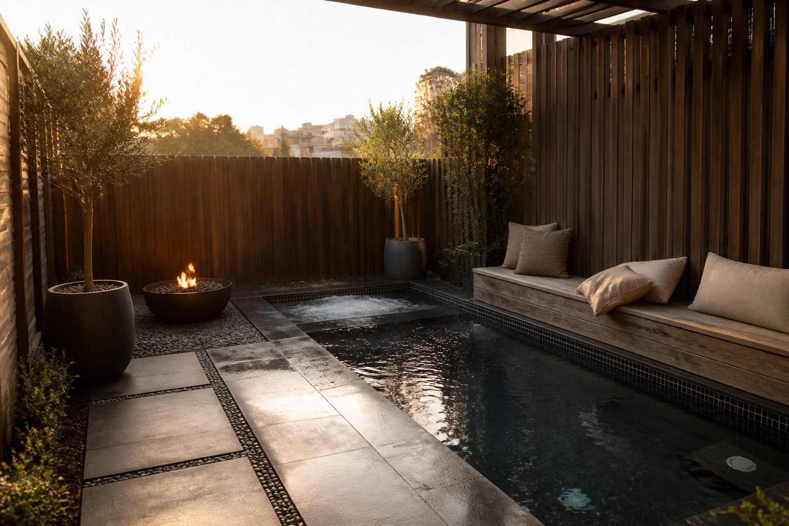 A narrow rectangular pool with a fire pit on gravel to the left and a long wooden bench with cushions along the right side, plus a bubbling spa section at the far end.