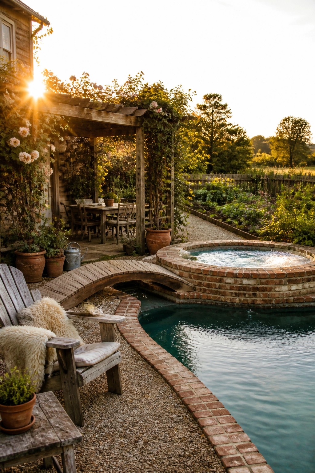 21 Relaxing Small Pool and Spa Ideas for a Cozy Backyard Escape A backyard pool area with a raised brick spa connected to the main pool by a curved wooden bridge, with garden beds and a pergola nearby.