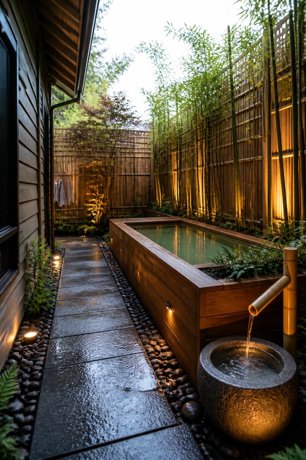 21 Relaxing Small Pool and Spa Ideas for a Cozy Backyard Escape A narrow backyard shows a long rectangular wooden plunge pool with a stone basin and bamboo water spout next to a wet stone path lined with rocks and bamboo.
