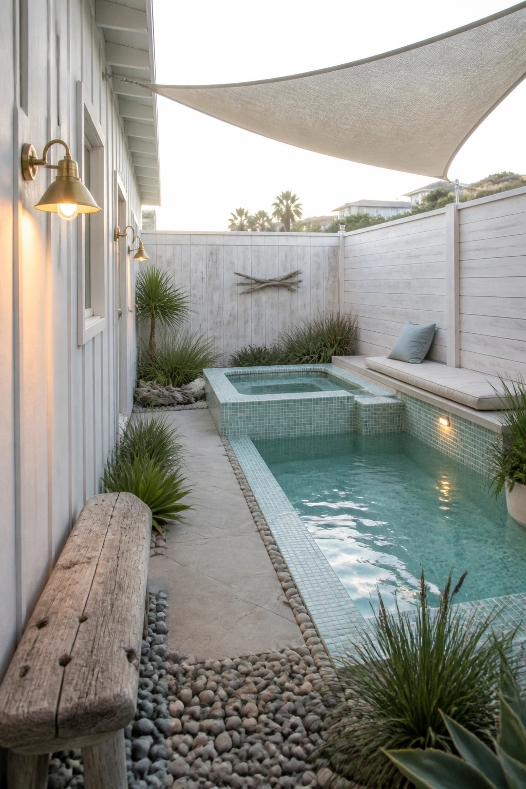 21 Relaxing Small Pool and Spa Ideas for a Cozy Backyard Escape A small rectangular plunge pool with light blue tiles and an attached spa sits in a narrow backyard, covered by a large white fabric shade sail, with a built-in cushioned bench along one side and plants bordering the concrete path.