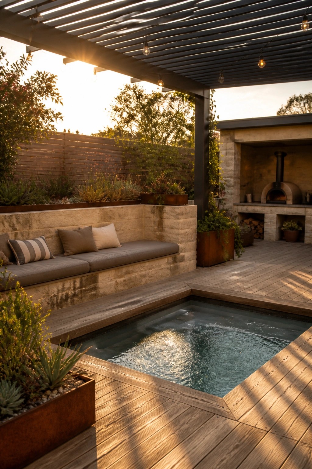 21 Relaxing Small Pool and Spa Ideas for a Cozy Backyard Escape A small rectangular pool is set into a wooden deck beside a long built-in stone bench with gray cushions, under a dark slatted pergola with string lights.
