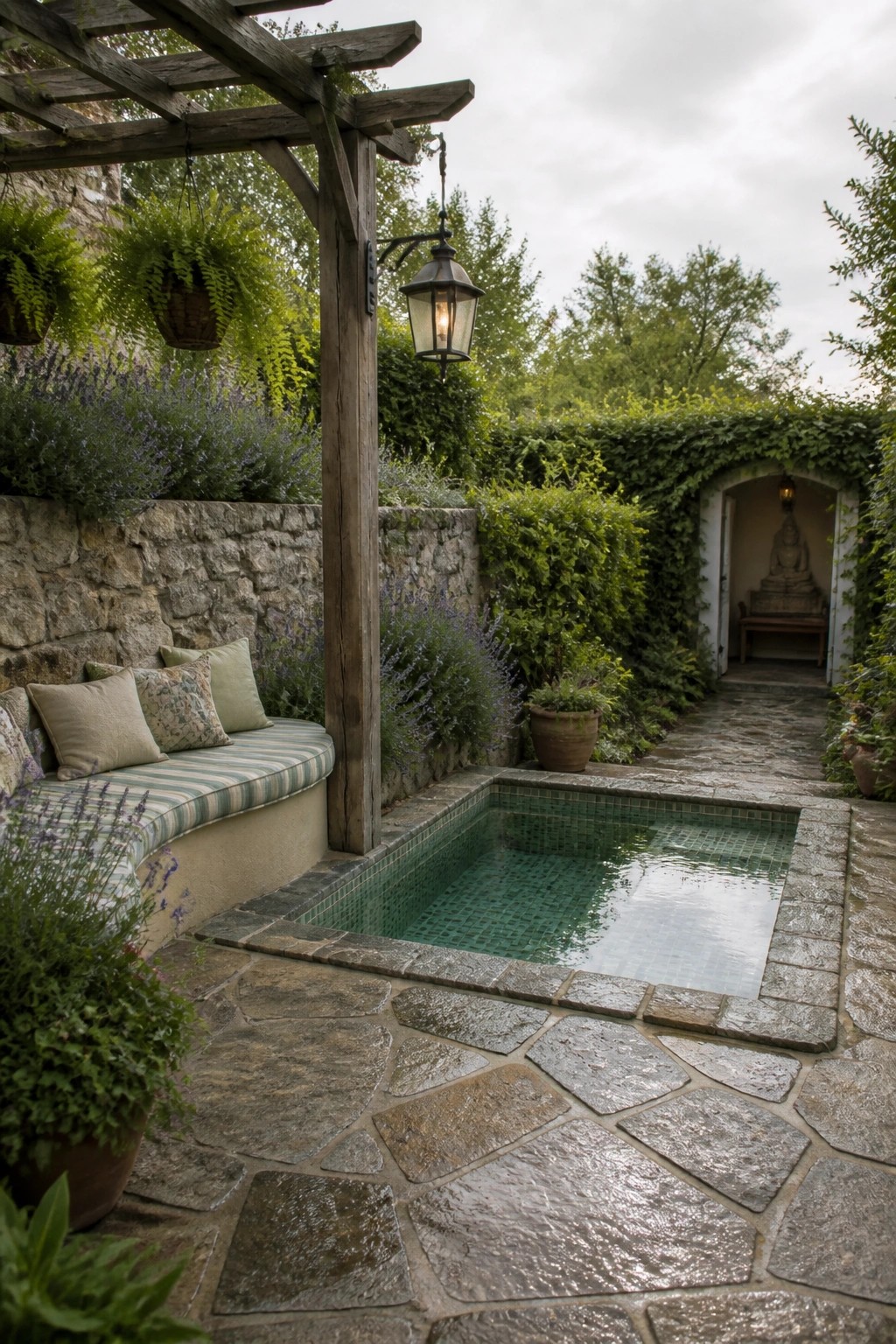 21 Relaxing Small Pool and Spa Ideas for a Cozy Backyard Escape A small rectangular pool with green mosaic tile sits in an irregular stone patio under a wooden pergola, next to a curved built-in bench with cushions along a stone wall.