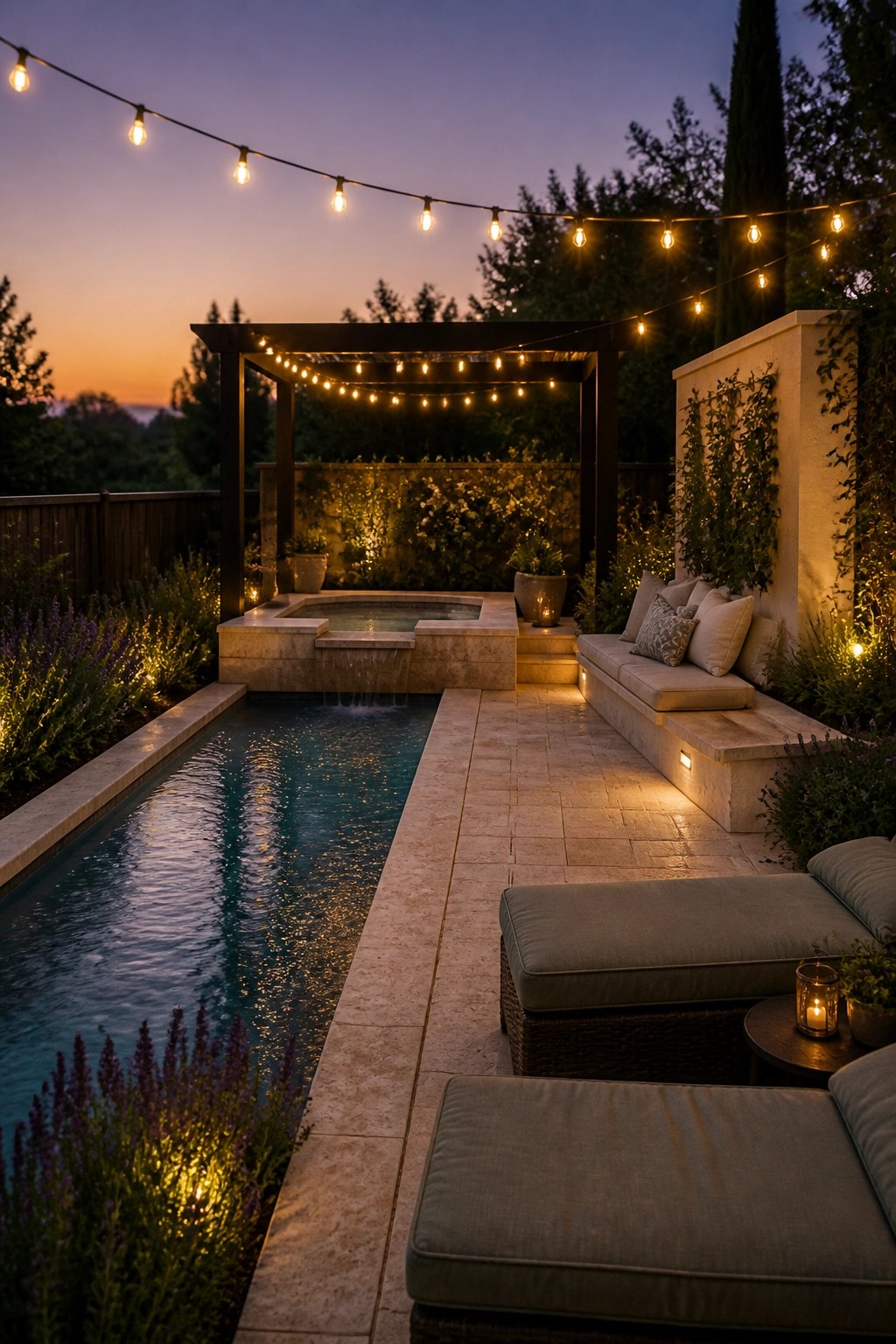 21 Relaxing Small Pool and Spa Ideas for a Cozy Backyard Escape A small plunge pool with attached spa, stone patio, built-in seating, and string lights overhead at dusk.