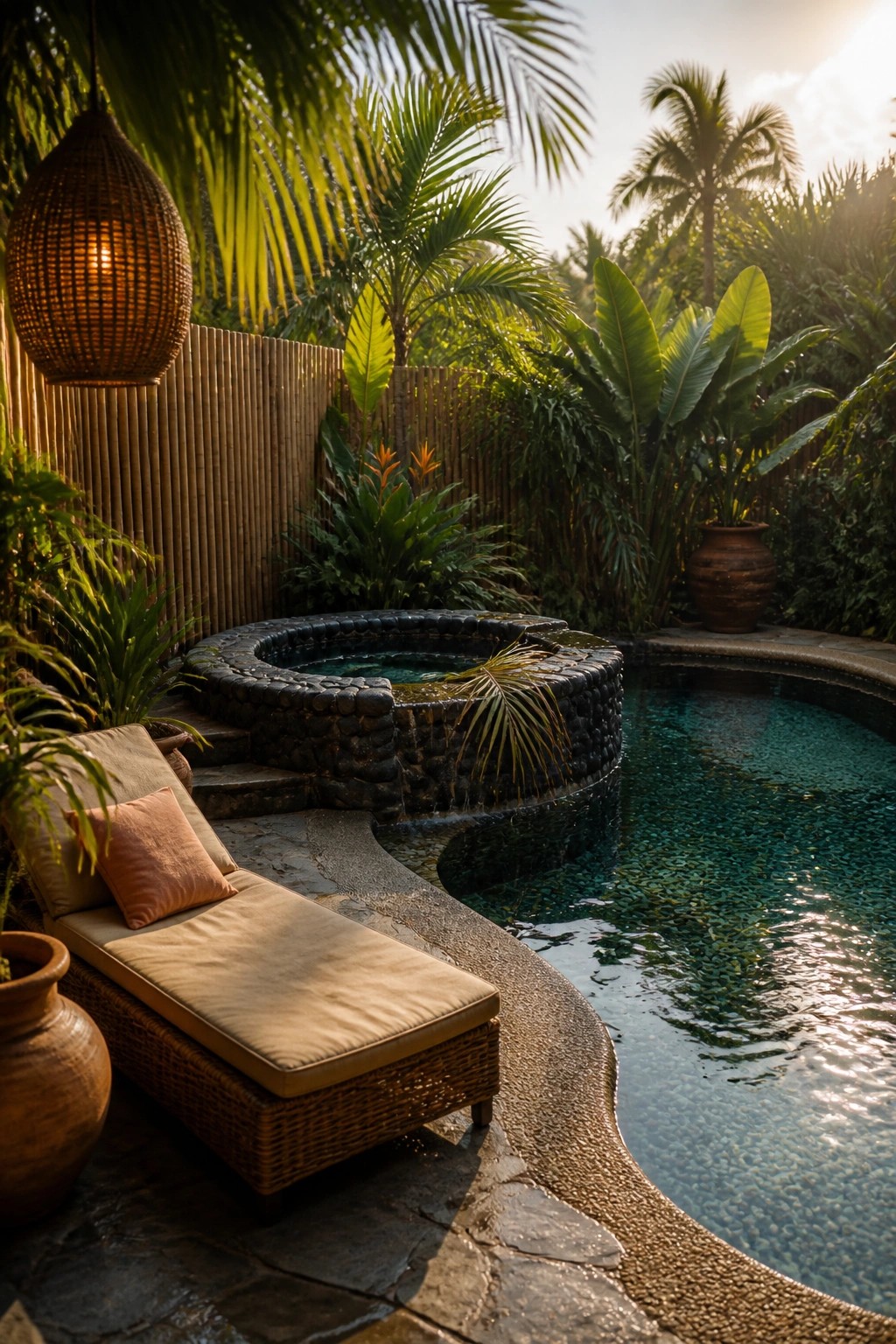 21 Relaxing Small Pool and Spa Ideas for a Cozy Backyard Escape A round stone spa is built into the edge of a swimming pool beside a wicker lounge chair, with tropical plants and a bamboo fence in the background.