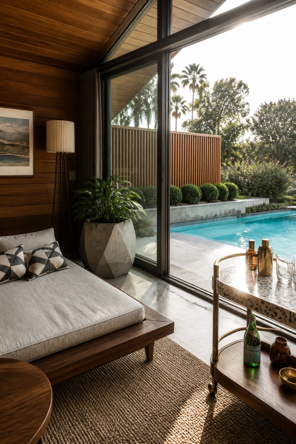 An interior view of a pool cabana showing a gray upholstered daybed against wood-paneled walls with large sliding glass doors open to a swimming pool.