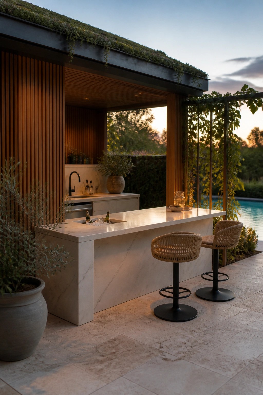 An outdoor marble bar counter with an ice well and two woven bar stools positioned beside a swimming pool at dusk.