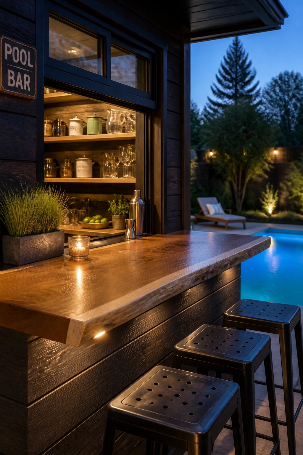 A wooden outdoor bar counter with black metal stools faces a swimming pool, with an open serving window revealing shelves inside a dark structure.